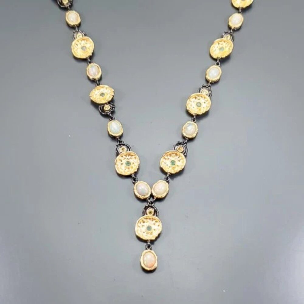 Necklace Handcrafted Natural Opal necklace with Peridot and Emerald accents 925
